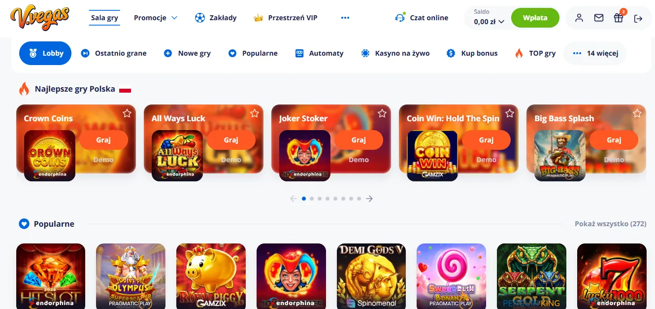 Kategorie rozrywki i tryb demonstracyjny Vulkan Vegas